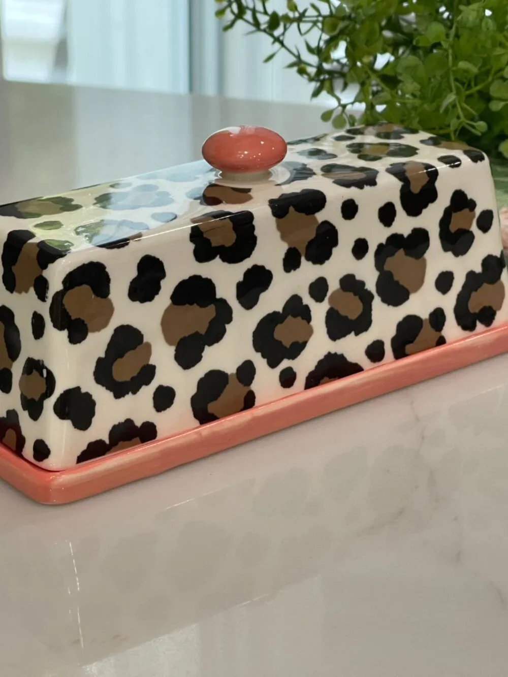 Anthropologie Chintzware Leopard Butter Dish Coral Pink-NEW